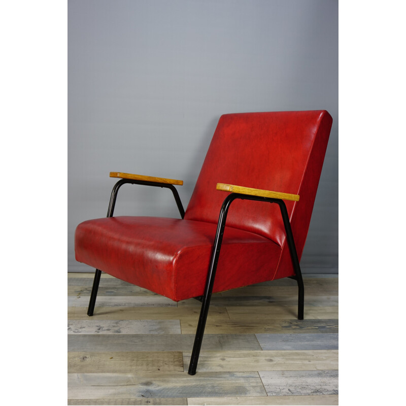 Vintage red Rio armchair by Pierre Guariche for Meurop 1950