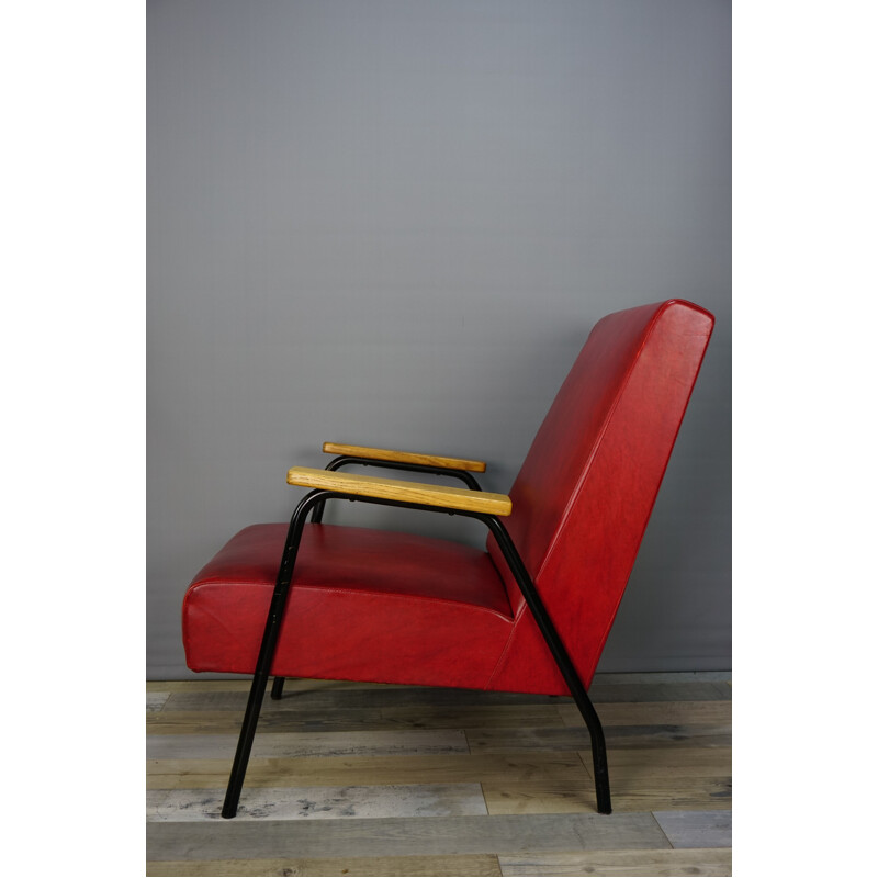 Vintage red Rio armchair by Pierre Guariche for Meurop 1950