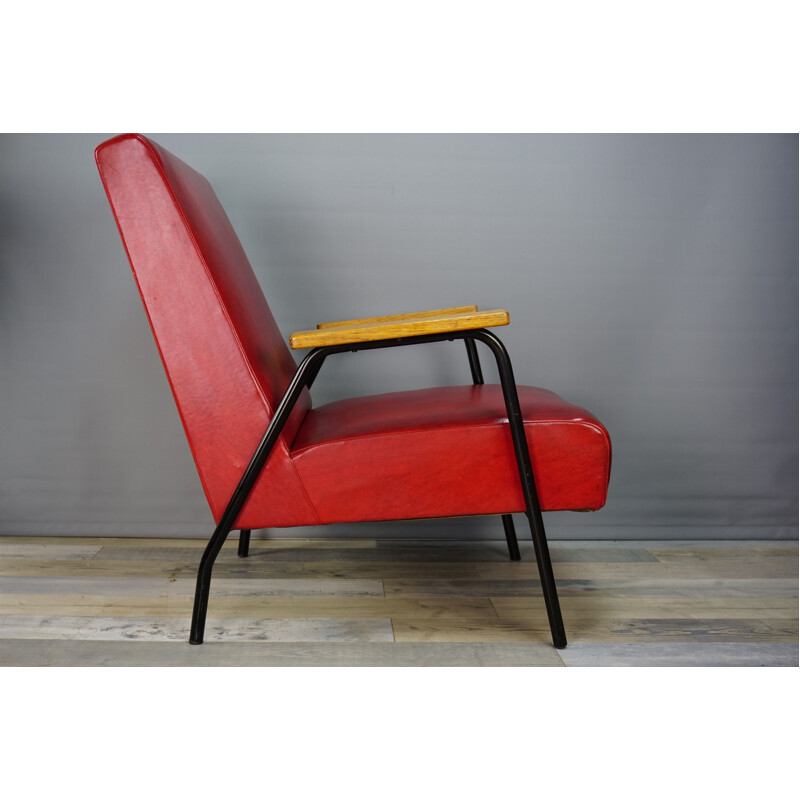 Vintage red Rio armchair by Pierre Guariche for Meurop 1950