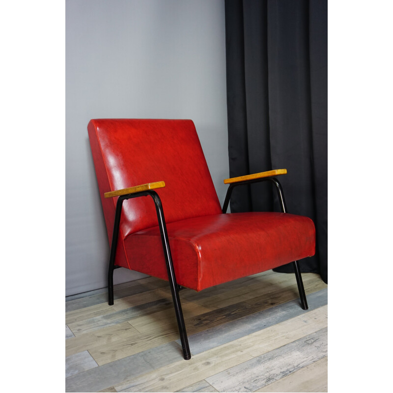 Vintage red Rio armchair by Pierre Guariche for Meurop 1950