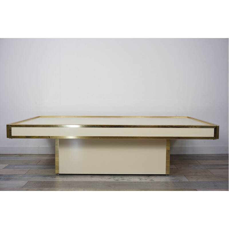 Table basse vintage ivoire et laiton, design italien, 1960-1970 