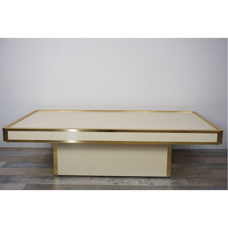 Table basse vintage ivoire et laiton, design italien, 1960-1970 