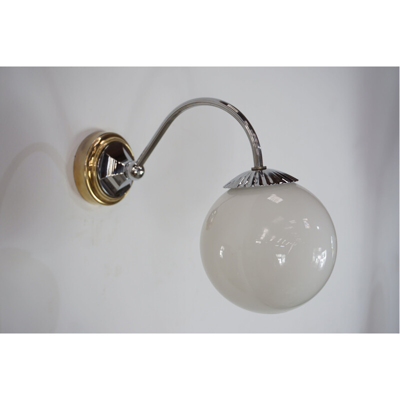 Pair of vintage sconces in brass, chrome and white opaline 1950-1960