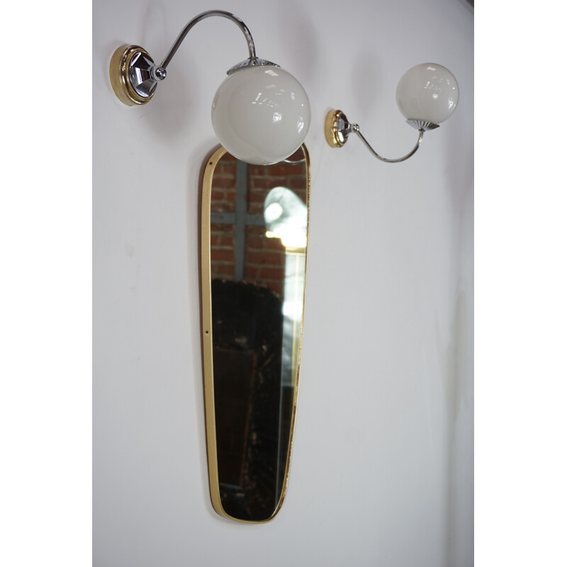 Pair of vintage sconces in brass, chrome and white opaline 1950-1960