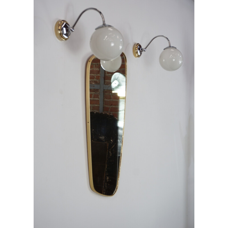 Pair of vintage sconces in brass, chrome and white opaline 1950-1960
