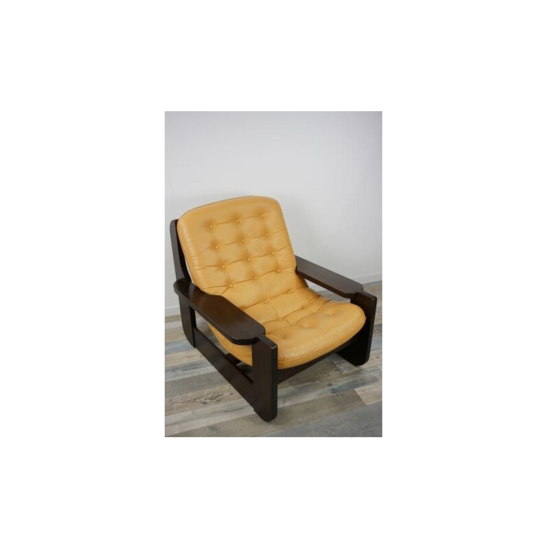 Vintage wooden and leather armchair with havana leather