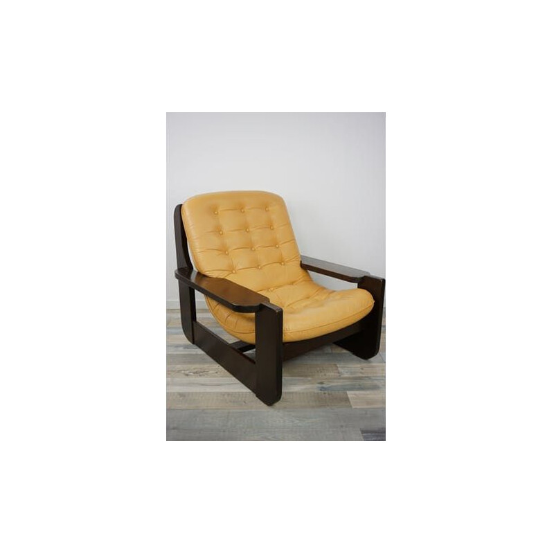 Vintage wooden and leather armchair with havana leather