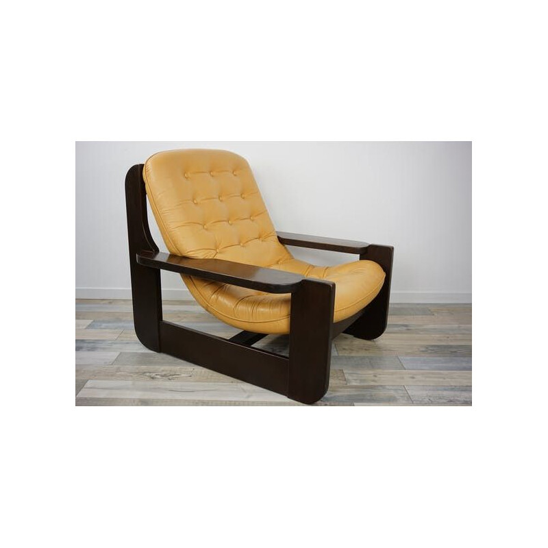 Vintage wooden and leather armchair with havana leather