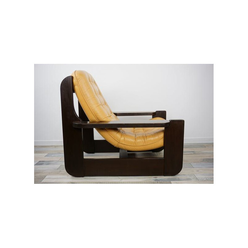 Vintage wooden and leather armchair with havana leather