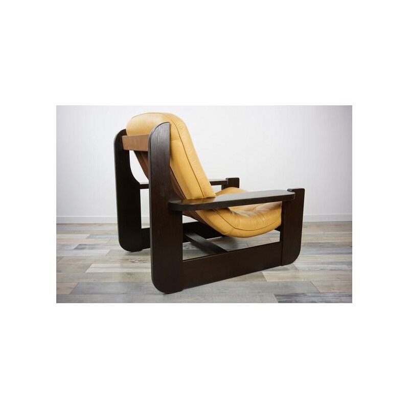 Vintage wooden and leather armchair with havana leather