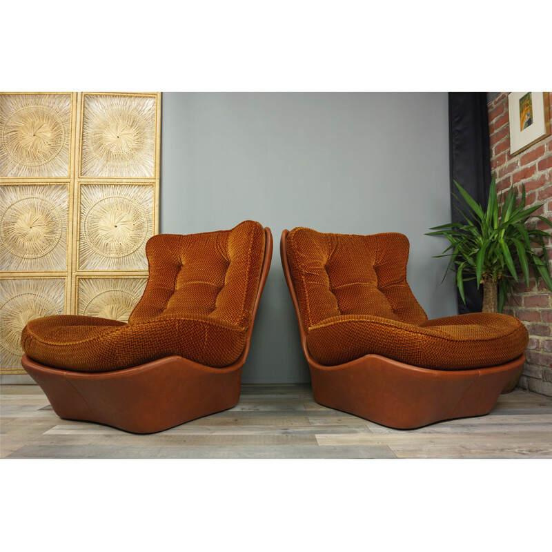 Pair of cognac imitation leather and velvet armchairs model Orsay