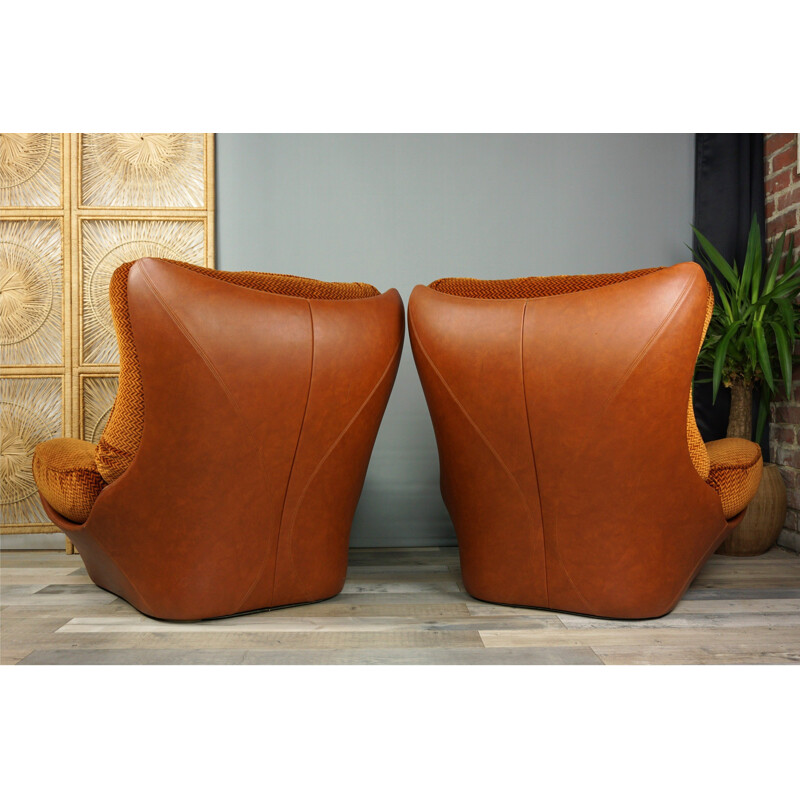 Pair of cognac imitation leather and velvet armchairs model Orsay