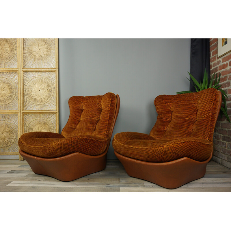 Pair of cognac imitation leather and velvet armchairs model Orsay