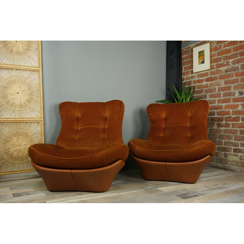 Pair of cognac imitation leather and velvet armchairs model Orsay