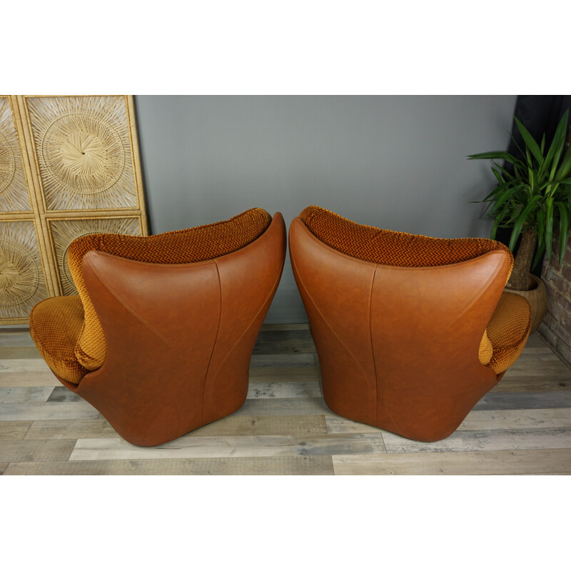 Pair of cognac imitation leather and velvet armchairs model Orsay