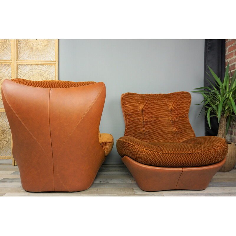 Pair of cognac imitation leather and velvet armchairs model Orsay