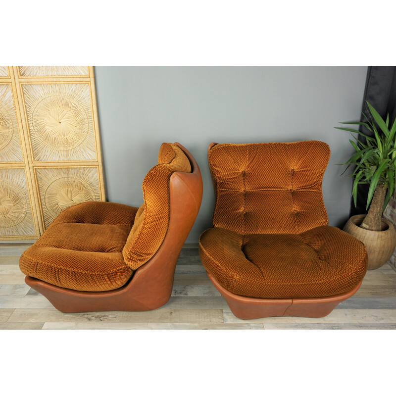 Pair of cognac imitation leather and velvet armchairs model Orsay