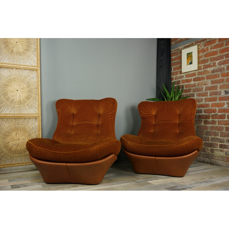 Pair of cognac imitation leather and velvet armchairs model Orsay