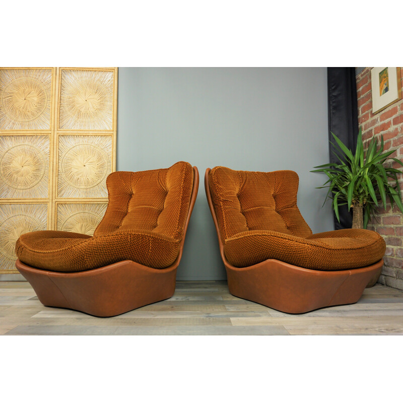 Pair of cognac imitation leather and velvet armchairs model Orsay