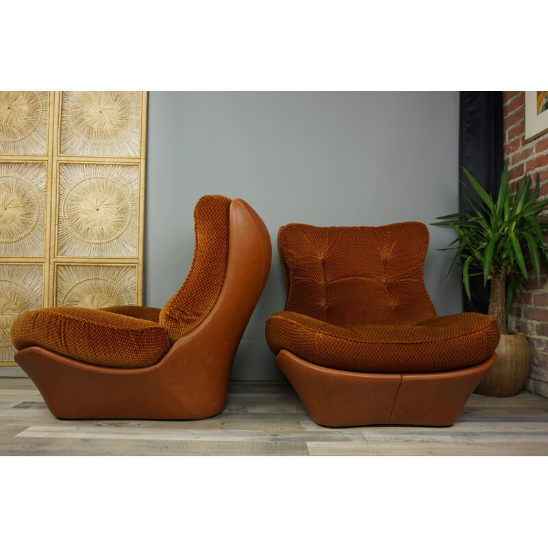 Pair of cognac imitation leather and velvet armchairs model Orsay