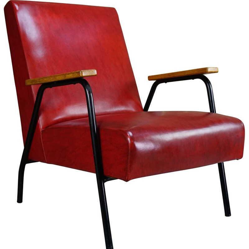 Vintage red Rio armchair by Pierre Guariche for Meurop 1950