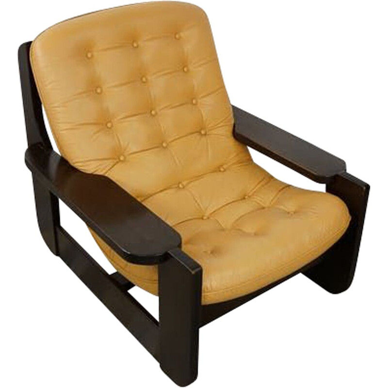 Vintage wooden and leather armchair with havana leather