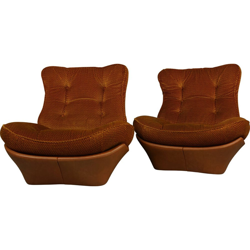 Pair of cognac imitation leather and velvet armchairs model Orsay