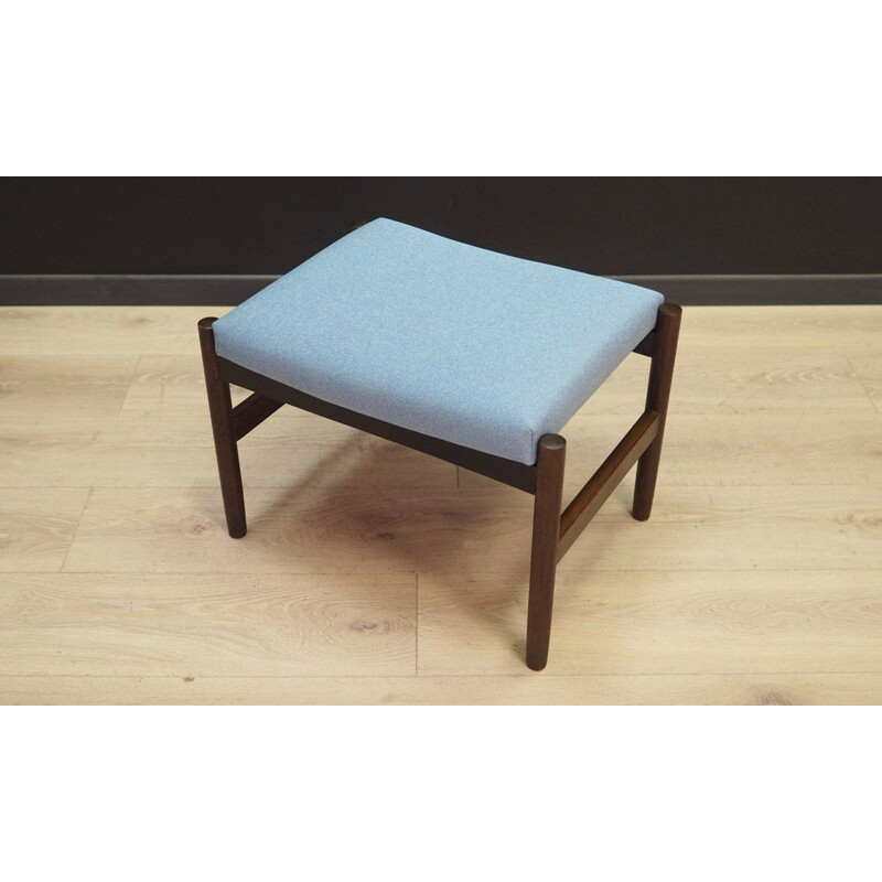 Vintage foot stool in oak and light blue fabric 1960