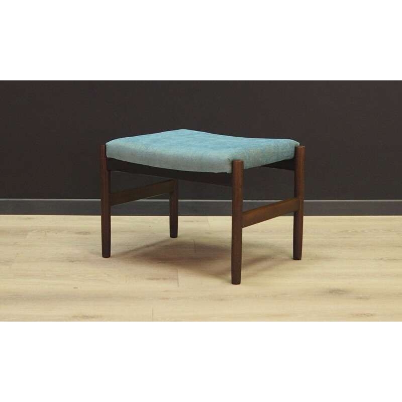 Vintage foot stool in oak and turquoise fabric 1960