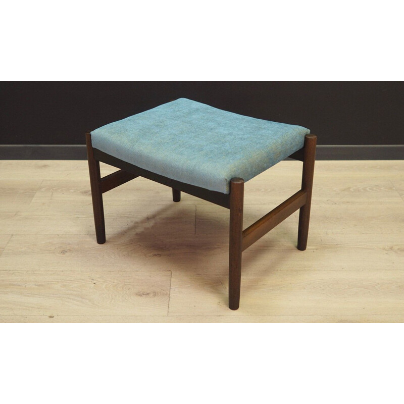 Tabouret vintage en chêne et tissu turquoise 1960