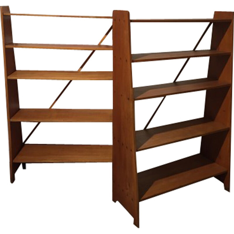 Pair of bookcases in ash wood with 5 shelves - 1950s