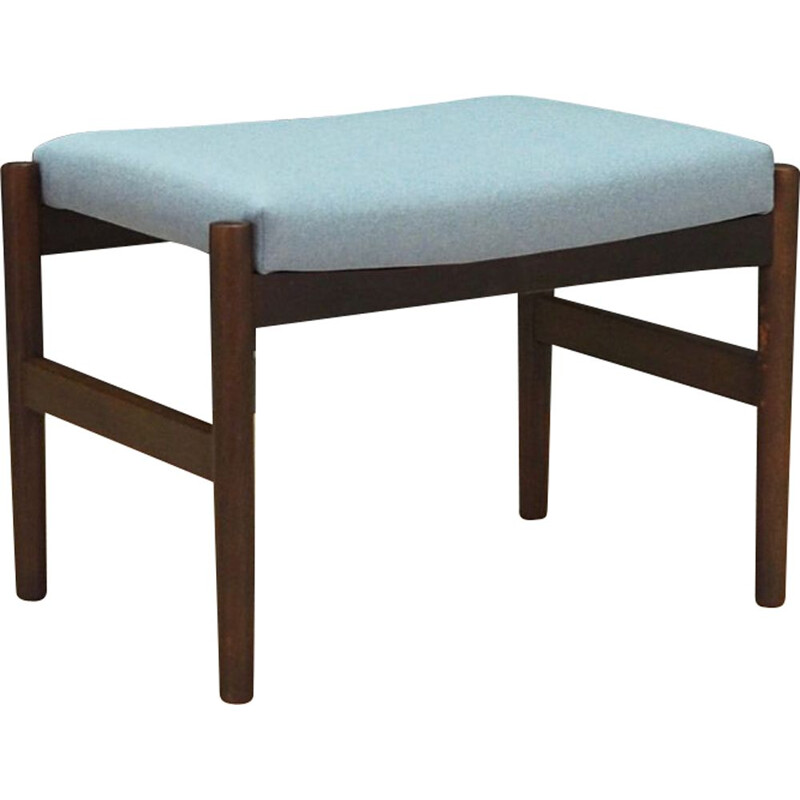 Vintage foot stool in oak and light blue fabric 1960