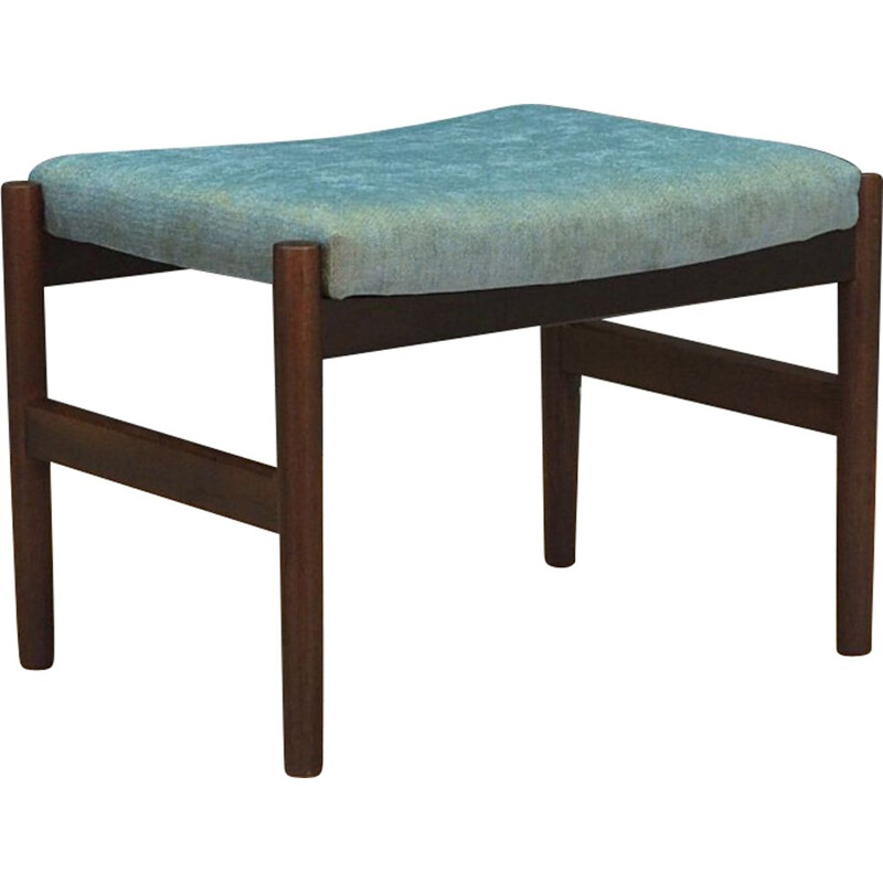 Vintage foot stool in oak and turquoise fabric 1960