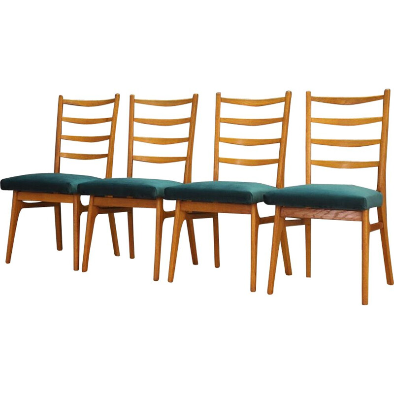 Suite de 4 chaises vintage en teck et velours vert, Danemark 1960