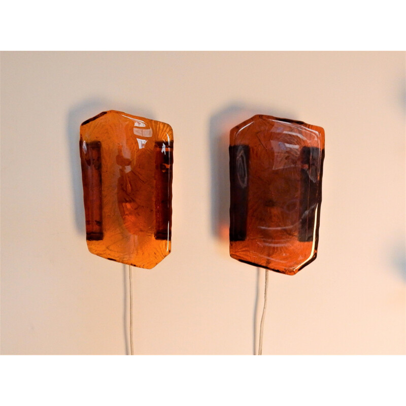 Set of 2 amber colored pressed glass wall lights by Vitrika, Denmark, 1960s