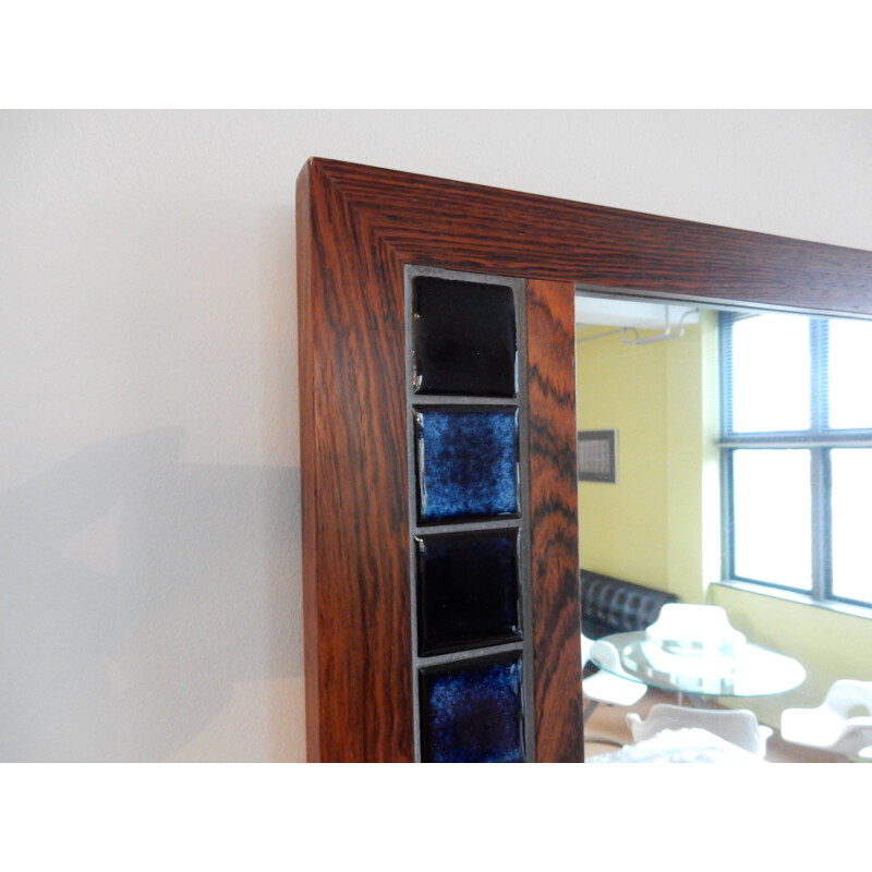 Rosewood vintage mirror with blue tiles, Denmark