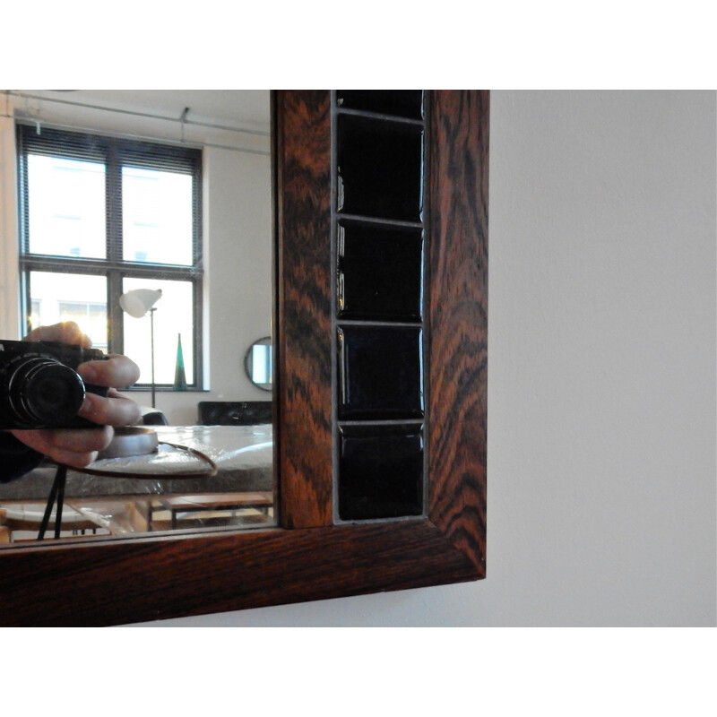 Rosewood vintage mirror with blue tiles, Denmark
