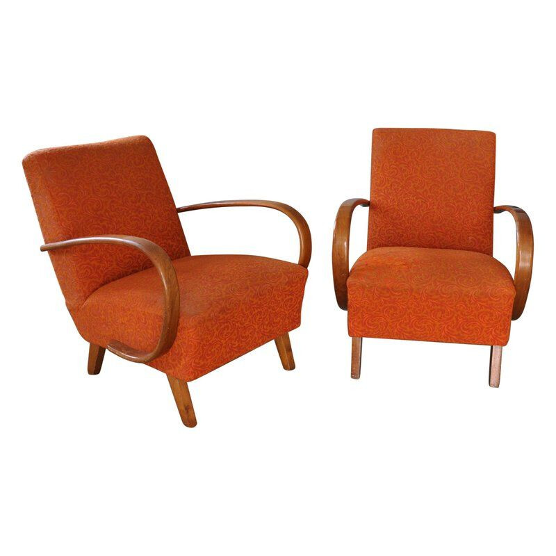 Vintage pair of Orange Armchairs by Jindrich Halabala for UP Zavody Brno 1930s