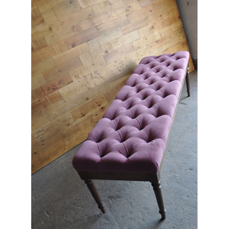 Vintage Button Tufted Bench Upholstered In Velvet And With Wood Legs
