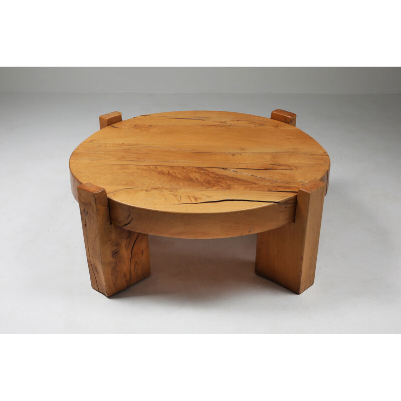 Vintage Solid Oak Round Coffee Table 1960