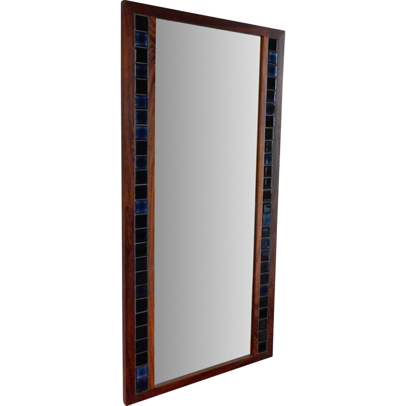 Rosewood vintage mirror with blue tiles, Denmark