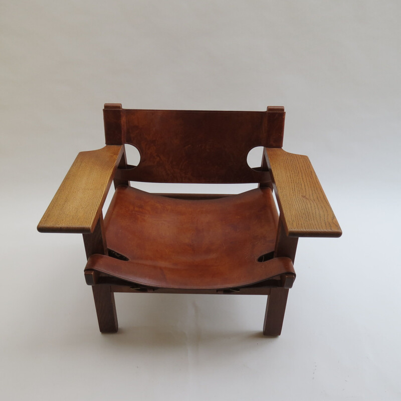 Chaise espagnole vintage en cuir et chêne de Borge Mogensen, 1950