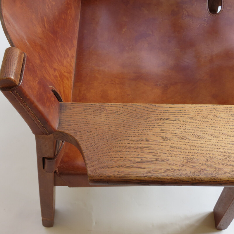  Vintage leather and oak Spanish chair by Borge Mogensen 1950s