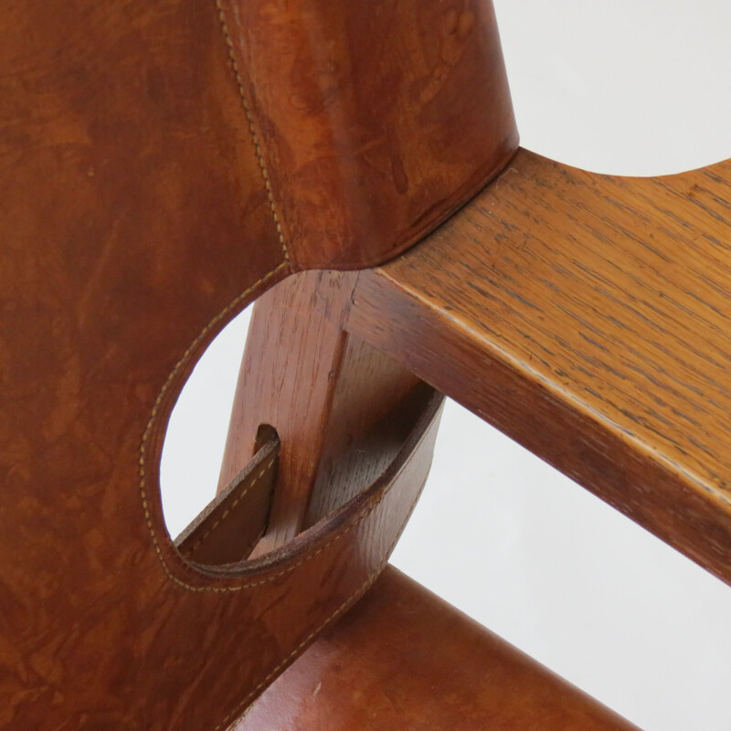  Vintage leather and oak Spanish chair by Borge Mogensen 1950s