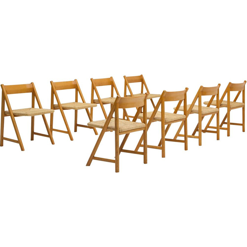 Ensemble de 8 chaises à repas vintage en bois de hêtre