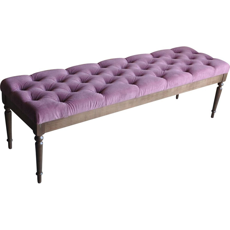 Vintage Button Tufted Bench Upholstered In Velvet And With Wood Legs