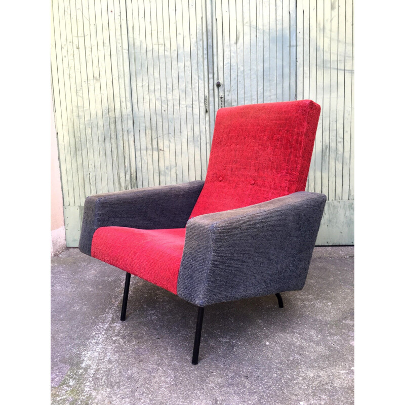 Fauteuil vintage Louis Paolozzi en tissu laineux rouge et gris, 1950