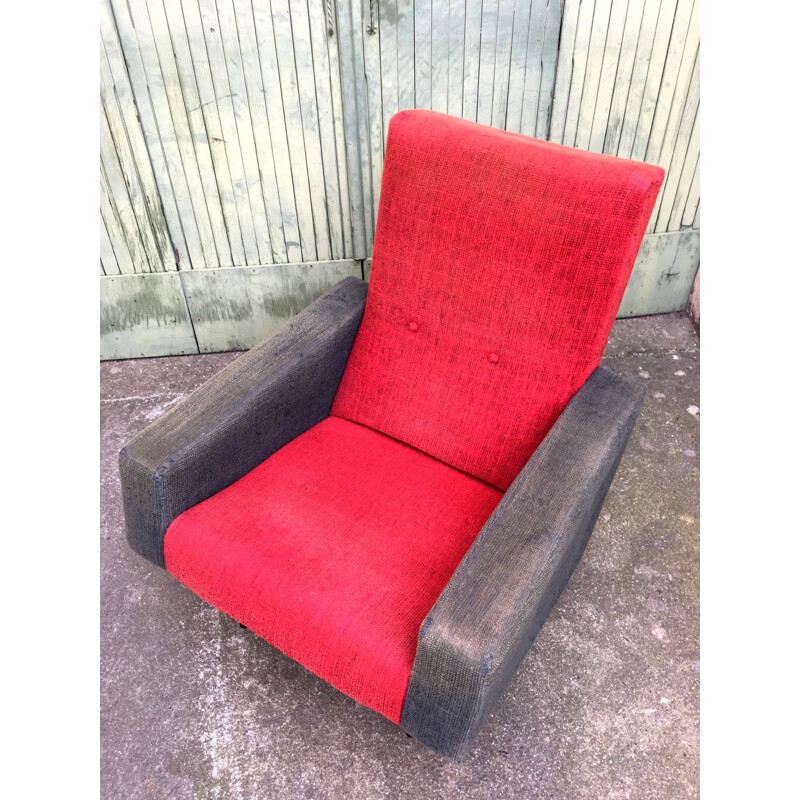 Louis Paolozzi vintage armchair in red and grey woolly fabric, 1950