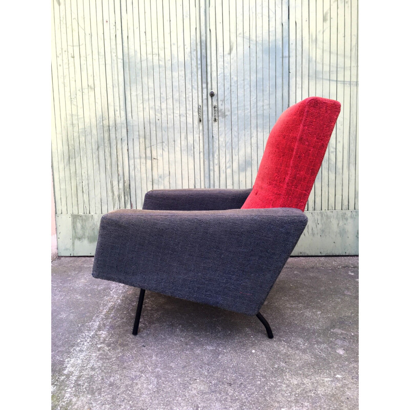 Louis Paolozzi vintage armchair in red and grey woolly fabric, 1950