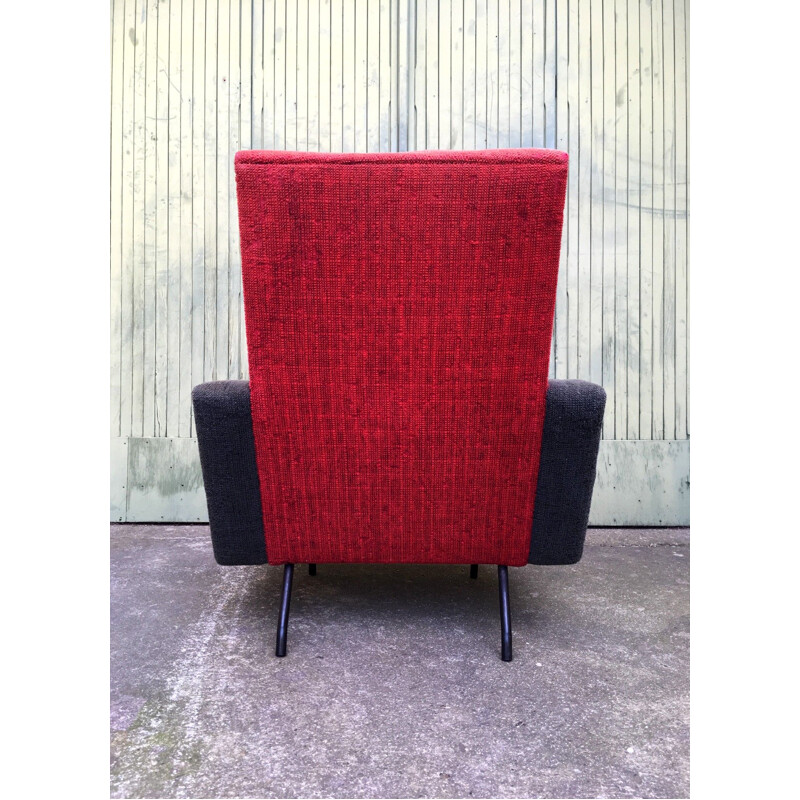 Fauteuil vintage Louis Paolozzi en tissu laineux rouge et gris, 1950